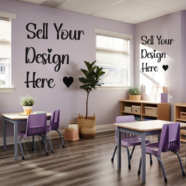 Klassenzimmer Mockup, Grundschulklasse Lavendar Purple Wall, Rahmen oder Poster Mock-up Stock Bild, Klassenhintergrund, Primarschüler Schreibtisch