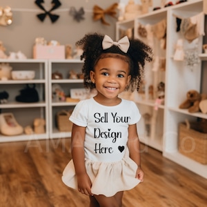 Black Baby Girl Toddler TShirt Mockup, African American Child Stock, White Tshirt, Kid Playroom Mockup, Use for Clipart PNG SVG Design