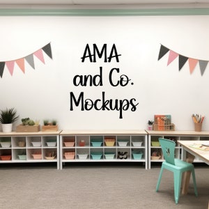 School Classroom Back to School Mockup, Elementary Class Room Neutral Wall, Class Decor Mock up Stock Image, Class Background, Student Desk