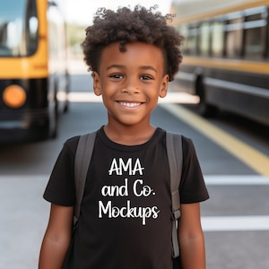 Black Boy Black Tshirt Mockup, African American Child Kid Image, Back To School Student Mockup, Easy Canva Use, Diverse Youth for POD