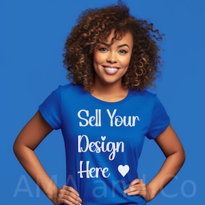 True Royal Blue Tshirt Mockup, African American Woman Model Mock ups, Diverse Black Female Lifestyle Tshirt Mockup, Curly Hair Stock Photo