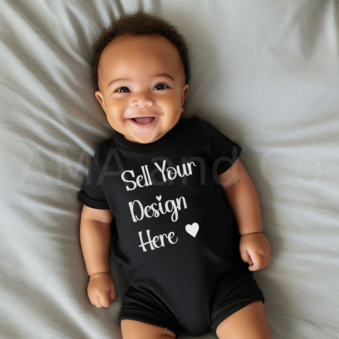 Black Baby Boy Bodysuit Mockup, Black Infant Model Kids One Piece