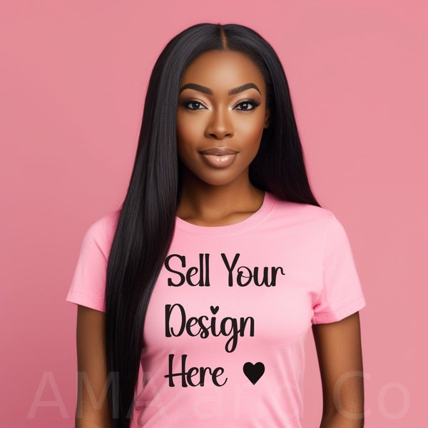 Black Woman Pink Tshirt Mockup, African American Model Long Hair Stock Photo, Tshirt Color Mock ups Pink Background, Diverse Lady Mock Image