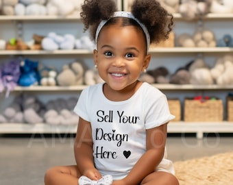 Black Baby Girl Toddler Shirt Mockup, African American Child Stock, White Tshirt, Kid Playroom Mockup, Use for Clipart PNG SVG Design