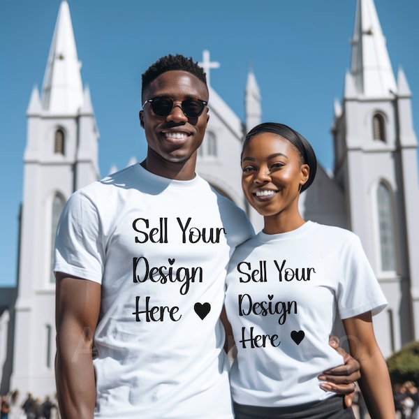Black Couple Matching White T Shirt Mockup, Man & Woman TShirt Mock ups, Lifestyle Church Photo, Bride/Groom Stock, For Clipart PNG SVG