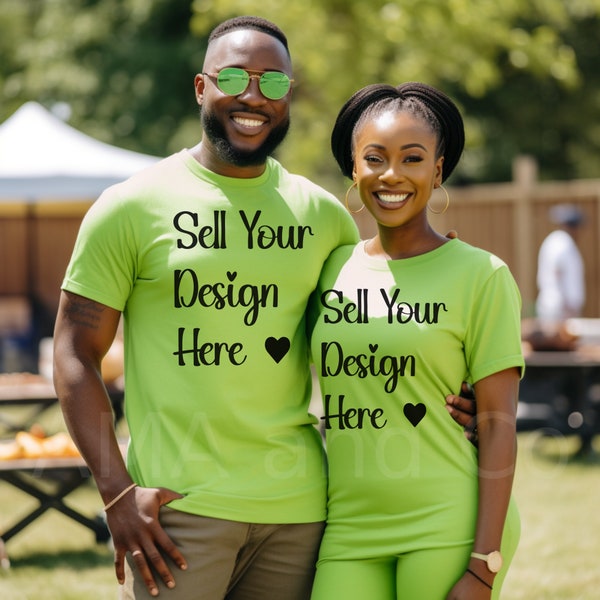 Black Couple Mockup, Lime Green Tshirt Mockup, African American Couple T shirt Mockup, Outdoors T-Shirt Mockups, Use for Clipart PNG SVG Tee