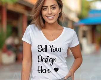White V-neck Tshirt Mockup, Latina Spanish American Woman Model Mock ups, Lifestyle Photo Stock, T-Shirt Mockup, Use for Clipart PNG SVG