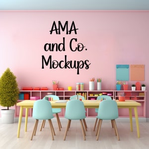 Classroom Mockup, Elementary School Class Pink Wall Frame and Poster Mockup Stock Photo Image, Class Background, Primary Students Desk