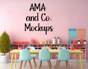 Classroom Mockup, Elementary School Class Pink Wall Frame and Poster Mockup Stock Photo Image, Class Background, Primary Students Desk