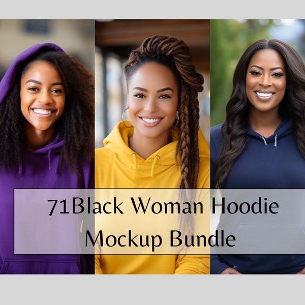 Hoodie Mockup Bundle,  Black Girl Hoodie Mock ups, Colorful Hooded Sweatshirt Mock-up Pack, African American Woman Model Hoodies Mock