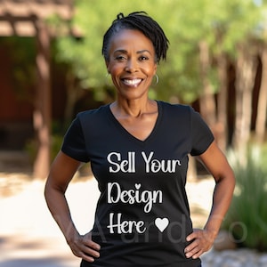 Black V-neck Tshirt Mockup, African American Woman Model Tee Mock up, Grandmother Middle Age Stock Photo, For Flyer Clipart PNG SVG Designs