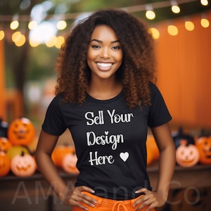 Halloween Black Tshirt Mockup, African American Woman Fall Mockup, Autumn Thanksgiving Pumpkin Stock Image, Black Lady Lifestyle Mock up