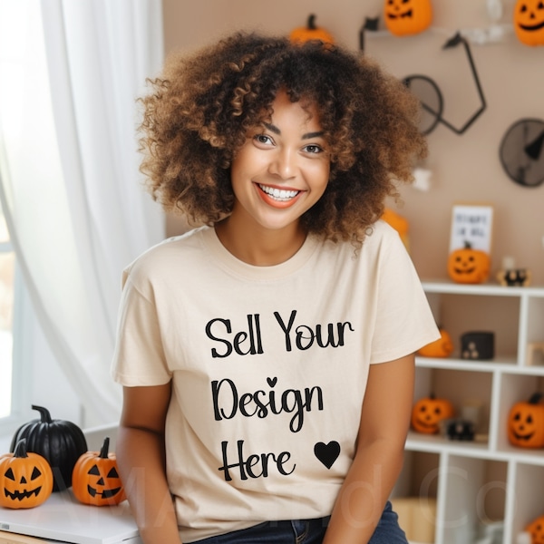 Black Woman Mockup Halloween, African American Fall Mock ups, Natural Ivory Cream Tshirt Mock-up, Autumn Fall Aesthetic Model Mock up