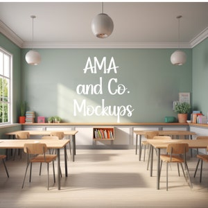 Back to School Classroom Mockup, Elementary School Class Mint Wall, Frame & Poster Decor Mockup Stock Photo Image, Class Background