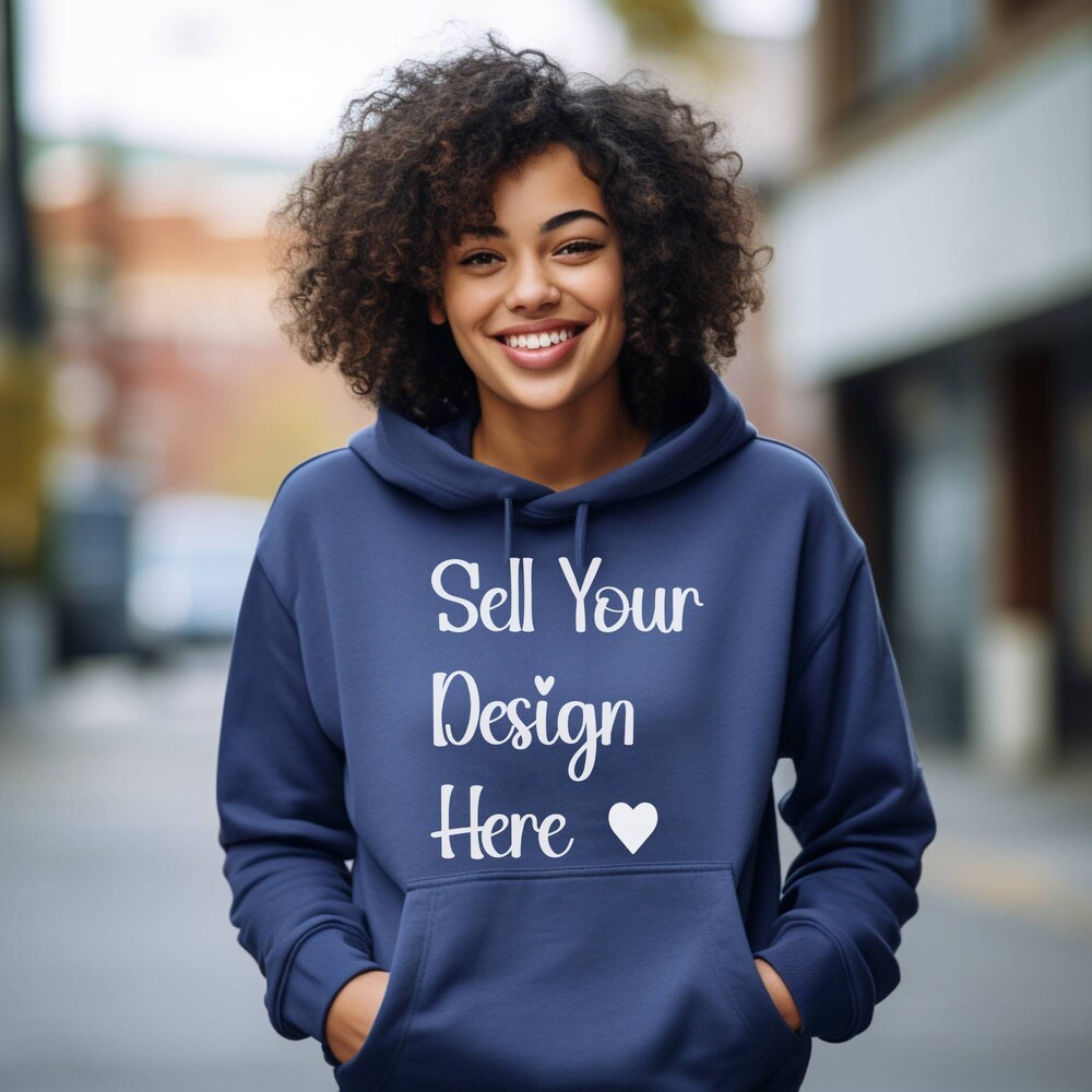 Blue Hoodie Sweatshirt Mockup, Black Girl Hoodie Mock-Up, African American Woman Mock-Ups, Unisex Hooded Sweat Shirt Sweater Mock Up Teebeepro Design Foryou
