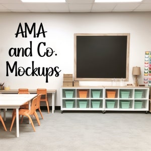 School Classroom Back to School Mockup, Elementary Class Room Neutral Wall, Class Decor Mock up Stock Image, Class Background, Student Desk