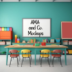 Classroom Mockup, Elementary School Class Wall Blackboard Frame Mockup Stock Photo Image, Class Background, Primary Students Desk Chairs