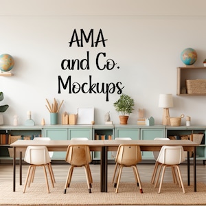Classroom Mockup, Elementary School Boho Class Neutral Wall, Frame and Poster Mockup Stock Photo Image, Class Background, Teacher Desk Stock