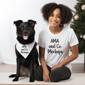 Hundebandana Passendes Tshirt-Mockup, Weihnachten Haustier-Eltern-Mockup, Hund Stock Foto, passender Hund und Hund Mama Weihnachtsfeiertage Mock ups