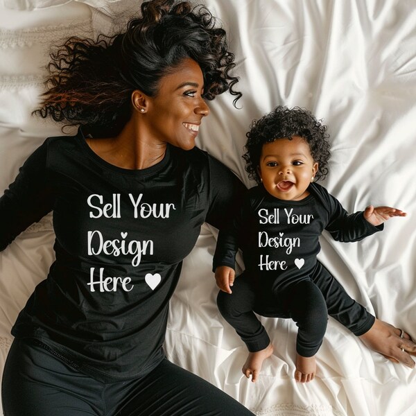 African American Mom and Baby Model, Black Long Sleeve Tee & Onsie Mockup, Family T-shirt Photo Mockup, Mother and Child Mock-ups