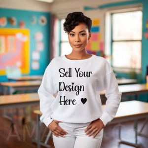 Teacher White Sweatshirt Mockup, African American Winter Mockup, Back To School Teacher Sweatshirt Stock Image, For Clipart PNG SVG Design