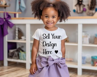 Black Baby Girl Toddler TShirt Mockup, African American Child Stock, White Tshirt, Kid Playroom Mockup, Use for Clipart PNG SVG Design