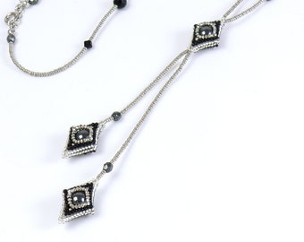 Black silver Y necklace with diamond shaped beaded fringe, long Y necklace, geometric beaded long necklace, 0802L