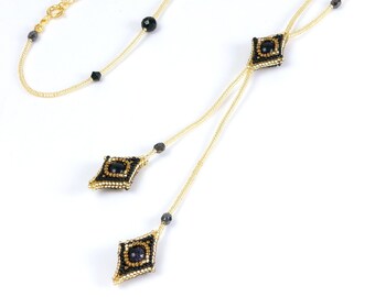 Long Y necklace gold black, diamond shaped fringe necklace, long beaded necklace square, 0802L