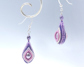 Purple Teardrop Beaded Earrings, Striped Pear Shape, Sterling Silver Earwires. 418