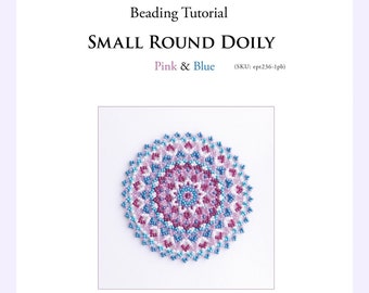 Beaded pattern, bead weaving doily pattern pdf, pink blue round doily, 236-1pb