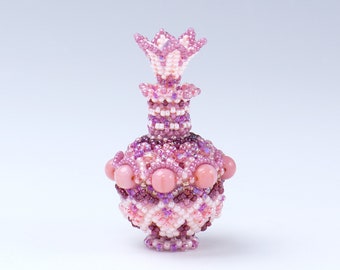 Miniature vase, pink flower bead ornament for shelf decor, christmas gift idea, 344