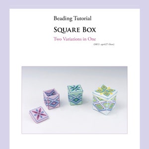 May include: Beading tutorial for making a square box with two variations. The image shows three finished boxes, each with a different color scheme and bead pattern. The tutorial is designed by Chika Terai.