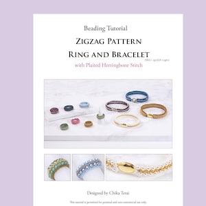 Puede incluir: Un tutorial de abalorios para hacer un anillo y una pulsera con patrón de zigzag utilizando una puntada de espiga trenzada. El tutorial incluye fotos de las piezas de joyería terminadas en varios colores y materiales, incluyendo oro, plata, azul y blanco.