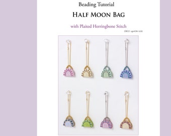 Beading tutorial, Half Moon Beaded Bag Charm with plaited herringbone stitch, PDF pattern, ept436-1ch, bag-pattern