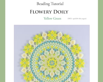 PDF Beading pattern for yellow green flowery doily, beading instructions, home decor table mat, ept328-1do-yegrn