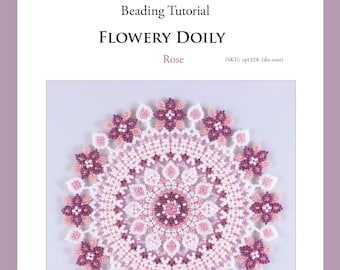 PDF Beading tutorial for rose color flowery doily, seed bead weaving, beaded doily pattern, home decor table mat, ept328-1do-rose