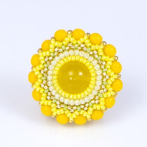 Yellow brooch, flower motif, spring jewelry, round beaded brooch, elegant, feminine, womens birthday, easter gift, 150-338 image 1