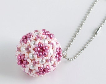 Christmas ball key chain, pink star flower ball ornament, beaded bag charm, beaded sphere, star ball key ring, 379