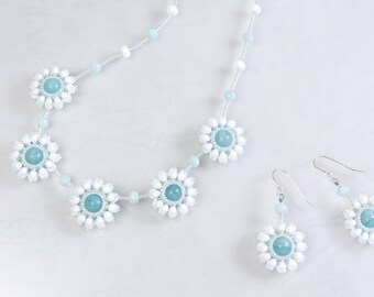 White flower necklace, elegant earrings, floral jewelry set, snow flower, gift for her, 375-2