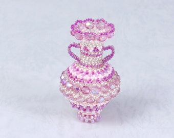 Beaded decorative vase, chevron pattern, pink miniature vase, beaded bottle, home decor accessory, Christmas gift ideas, tiny vase, 351