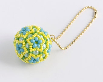 Yellow charm ball key chain, beaded ball, yellow star flower ball ornament, star ball, beaded sphere, 379