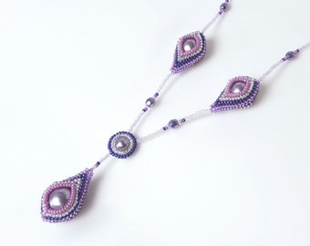 Purple teardrop necklace, Y shaped long necklace, striped square and drop jewelry, Christmas gift ideas for women, 418