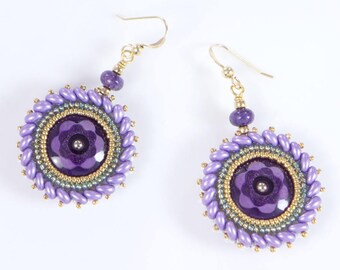 Purple flower earrings, button jewelry, boho accessories, beaded elegant earrings, gift for her, 291