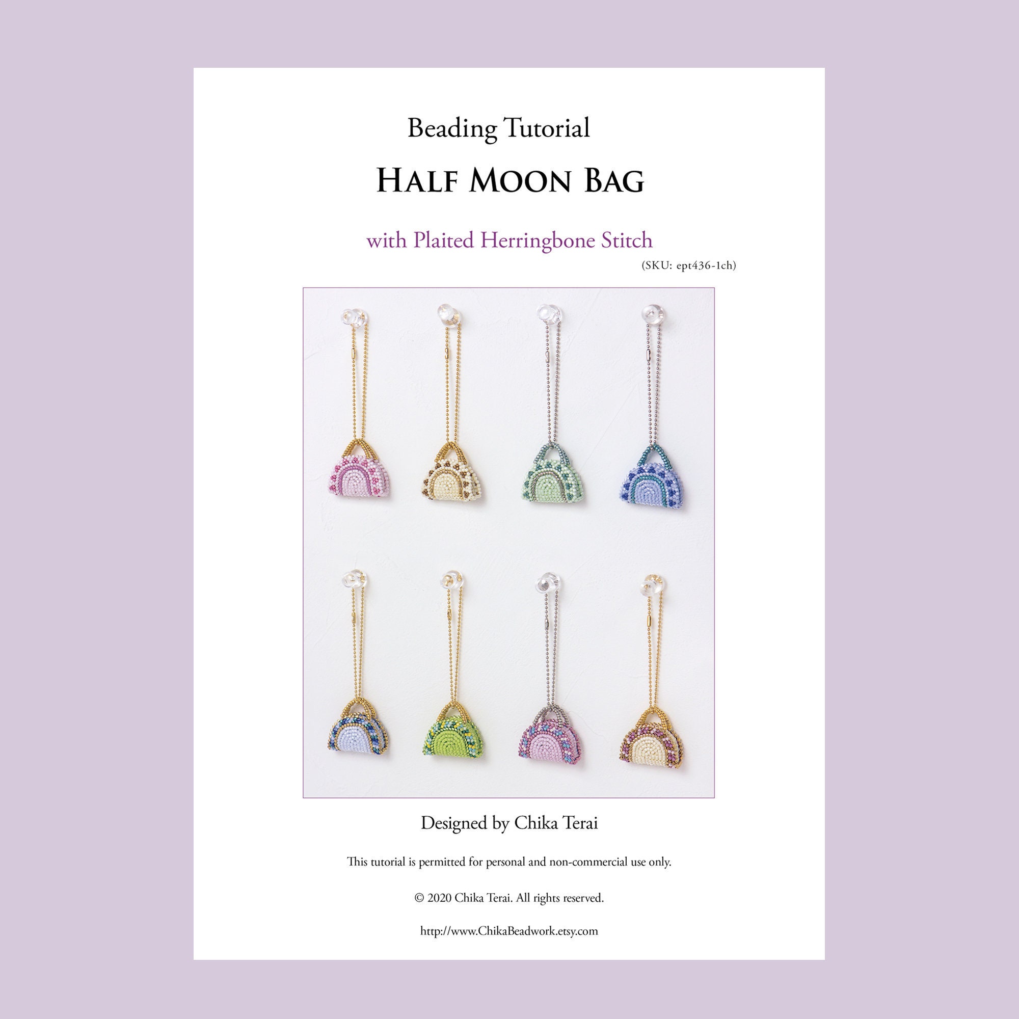 Beading tutorial, Half Moon Beaded Bag Charm with plaited herringbone stitch, PDF pattern, ept436-1ch, bag-pattern