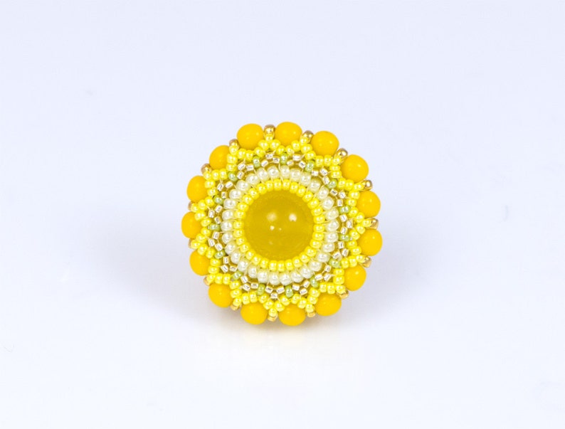 Yellow brooch, flower motif, spring jewelry, round beaded brooch, elegant, feminine, womens birthday, easter gift, 150-338 image 1