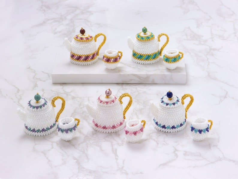 Beading pattern, Beaded Teapot and Cream Pitcher with plaited herringbone stitch, PDF seed bead pattern, ept431-2pot image 2