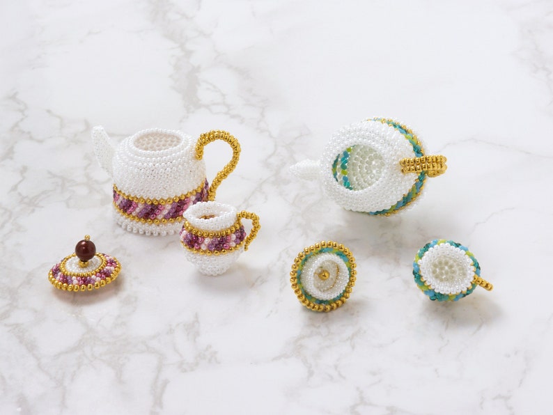 Beading pattern, Beaded Teapot and Cream Pitcher with plaited herringbone stitch, PDF seed bead pattern, ept431-2pot image 5