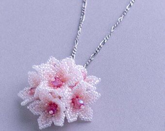 Beaded Cherry Blossom Flower Pendant Necklace, Sakura Jewelry, 1405