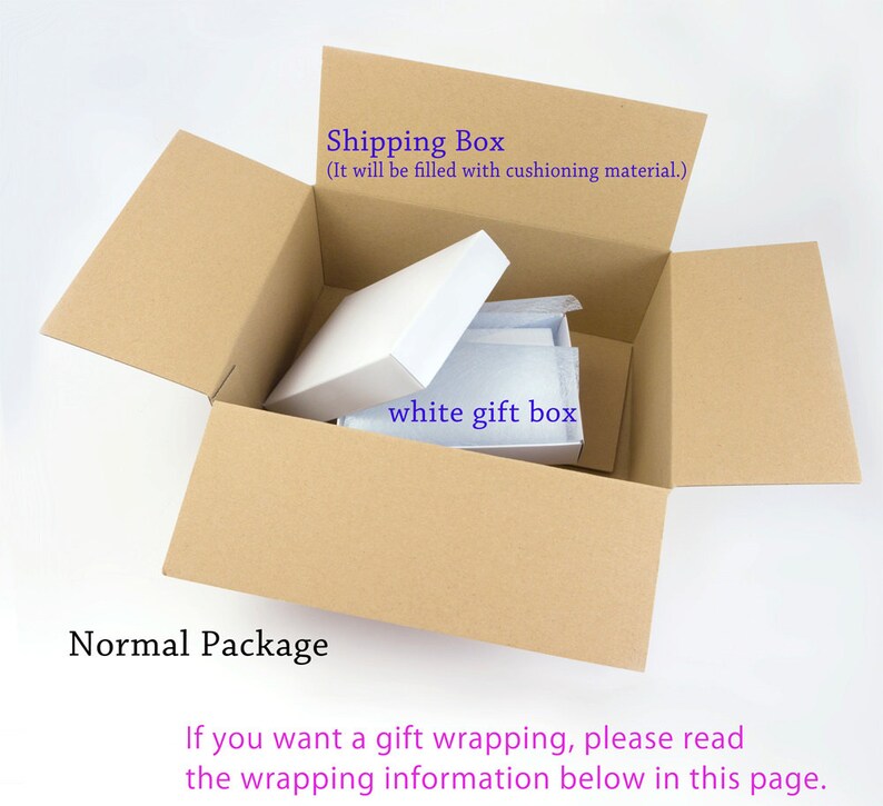 May include: A brown cardboard shipping box with the top open, revealing a white gift box inside. The text "Shipping Box (It will be filled with cushioning material.)" is printed on the box. The text "white gift box" is written on the white box. The text "Normal Package" is printed below the box. The text "If you want a gift wrapping, please read the wrapping information below in this page." is printed below the text "Normal Package."