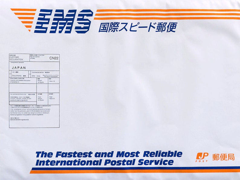 May include: A white EMS international shipping envelope featuring orange and blue horizontal stripes. The text reads EMS, International Speed Mail, Japan, CN22, and The Fastest and Most Reliable International Postal Service with the Japan Post logo.